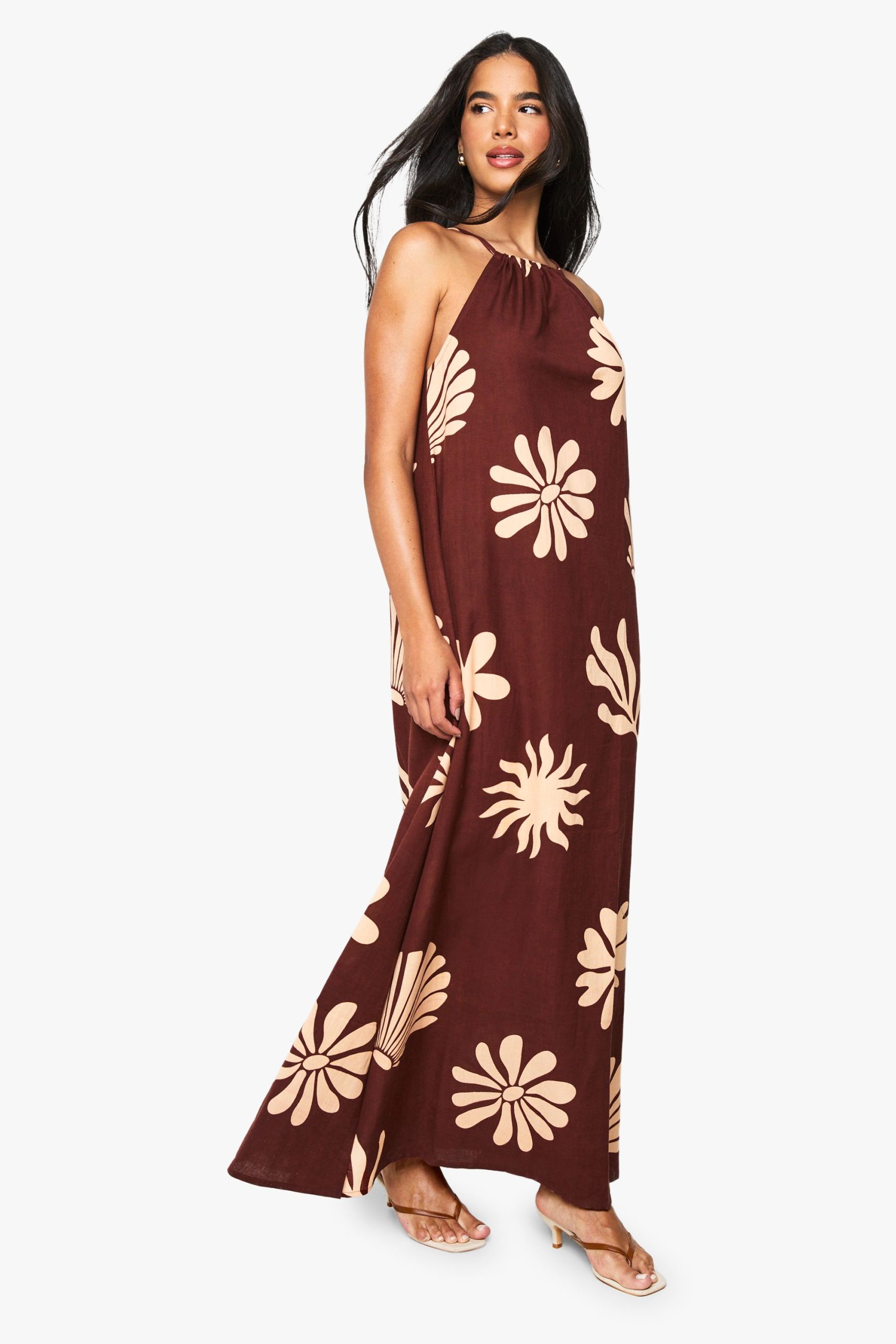 Halterneck Tie Shell Printed Linen Look Maxi Dress