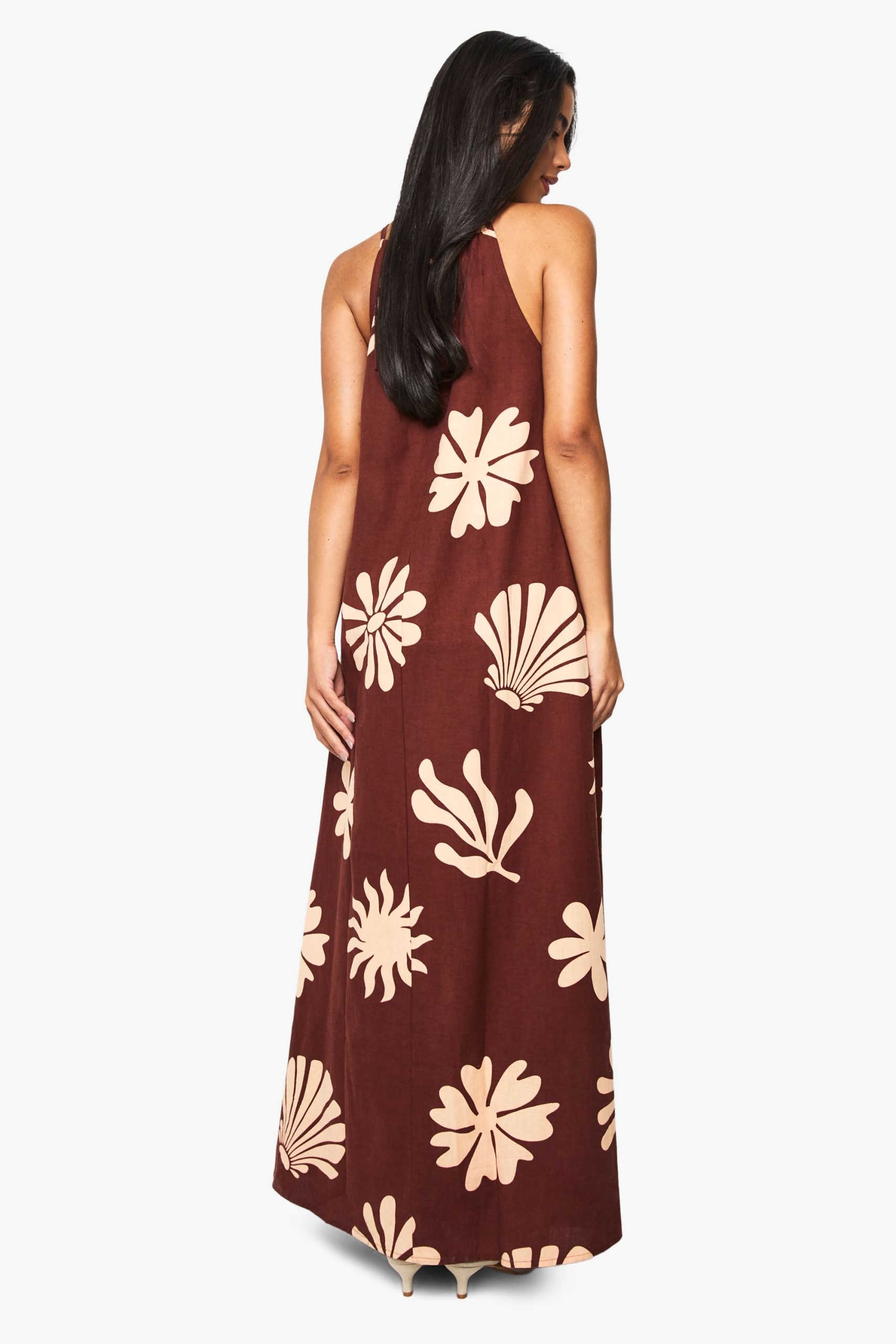 Halterneck Tie Shell Printed Linen Look Maxi Dress - Image 2