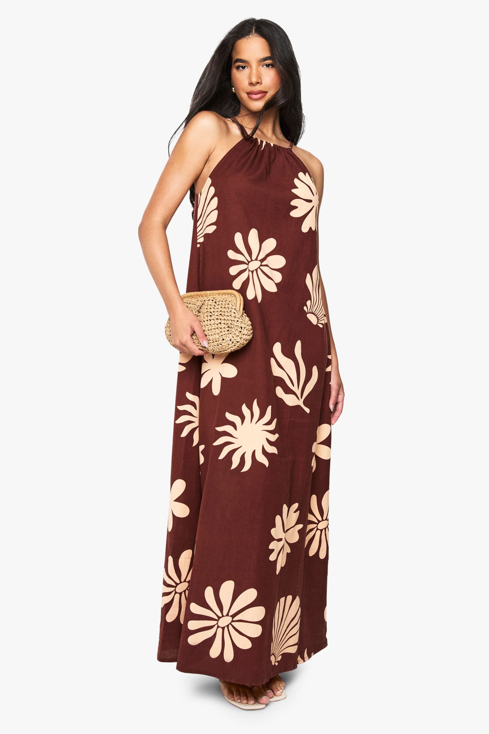Halterneck Tie Shell Printed Linen Look Maxi Dress - Image 3