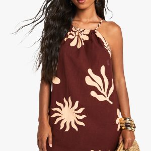 Halterneck Tie Shell Printed Linen Look Mini Dress