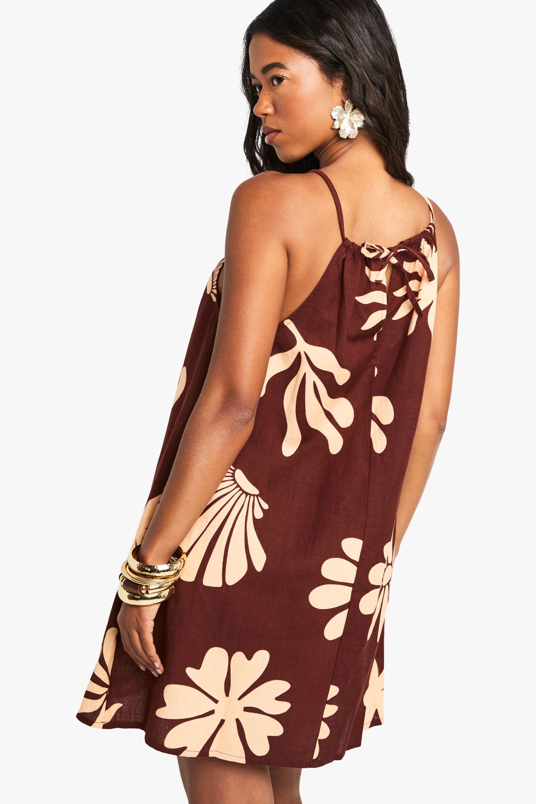 Halterneck Tie Shell Printed Linen Look Mini Dress - Image 2