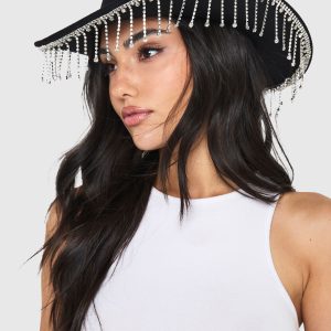 Black Diamante Tassel Trim Cowboy Hat