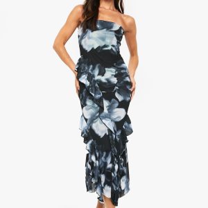 Tall Bandaeu Floral Mesh Ruffle Midaxi Dress