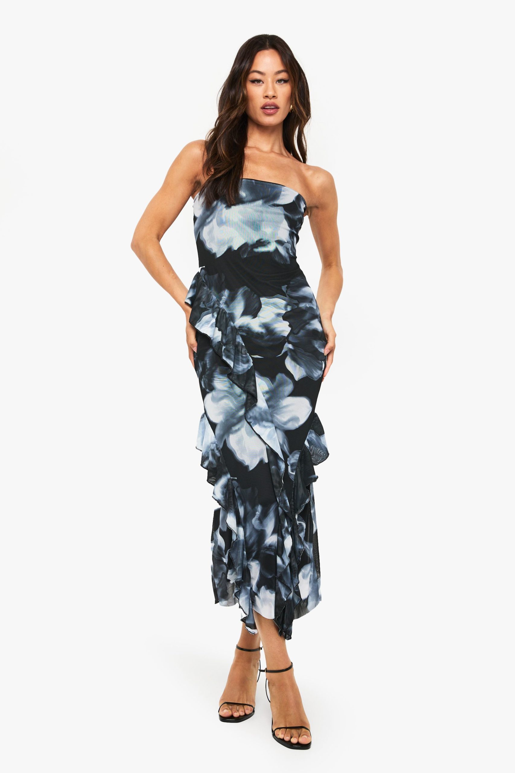 Tall Bandaeu Floral Mesh Ruffle Midaxi Dress