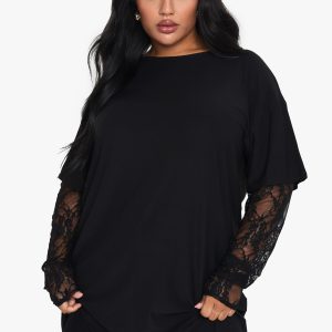 Plus Lace Sleeve Oversized T-Shirt Dress