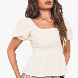Crinkle Cotton Puff Sleeve Shirred Crop Top