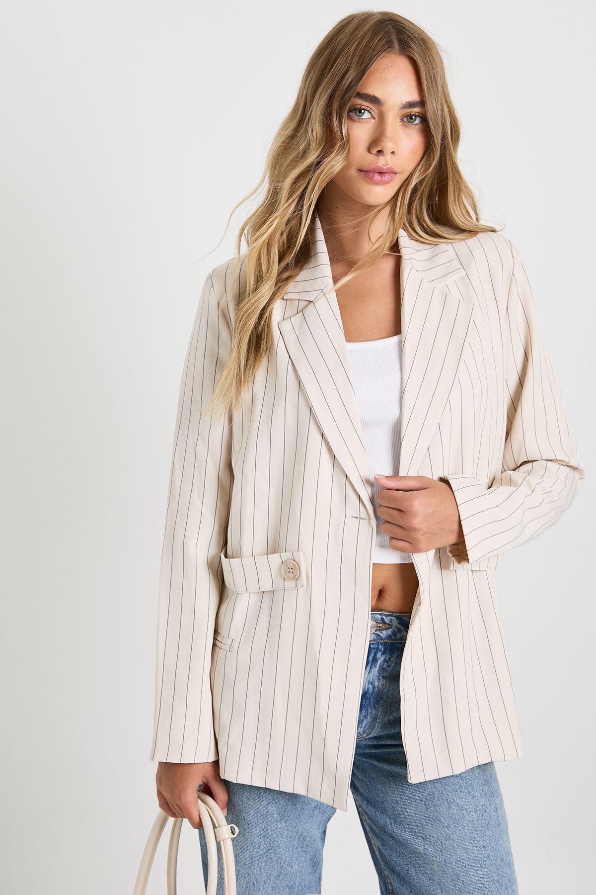 Pinstripe Button Detail Oversized Blazer