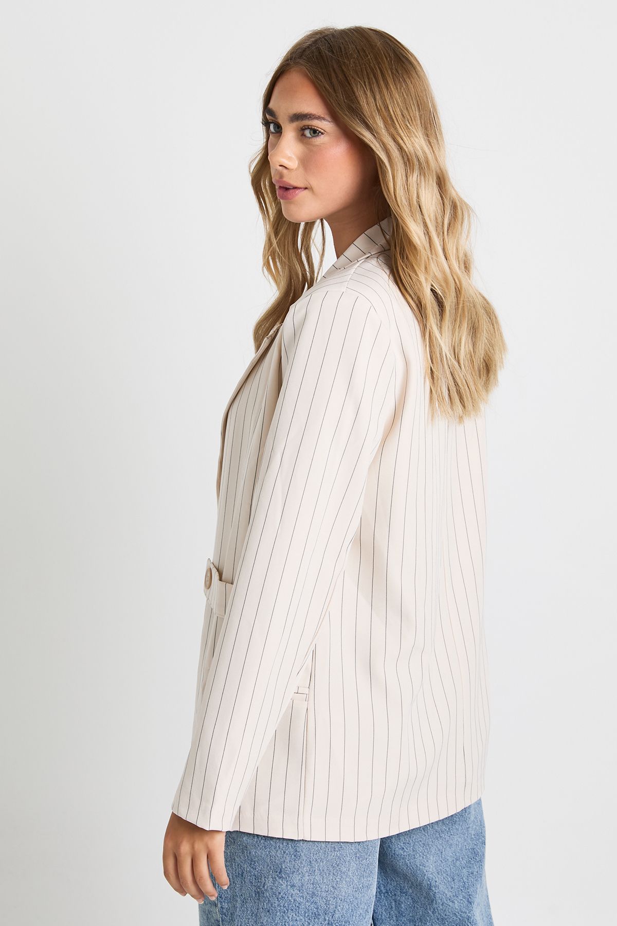Pinstripe Button Detail Oversized Blazer - Image 2