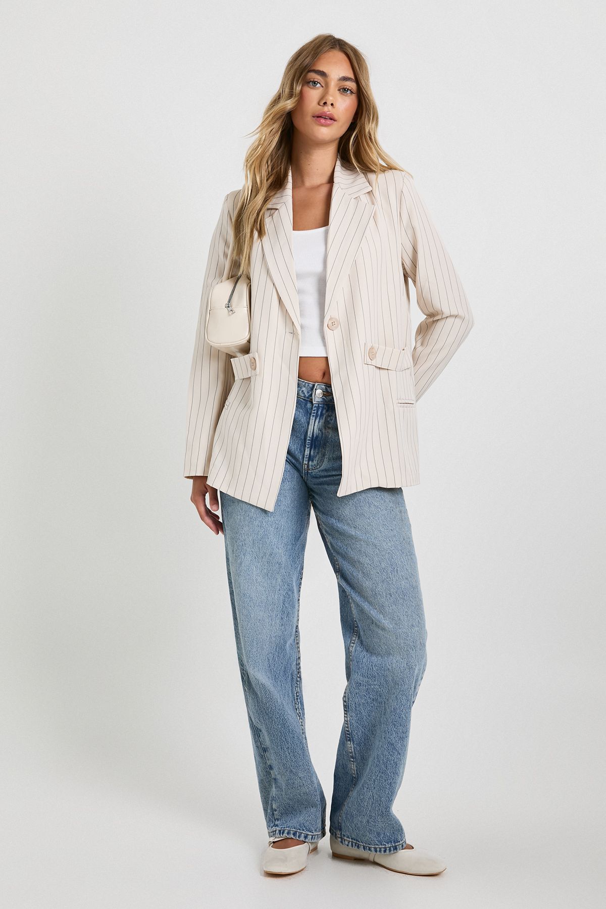 Pinstripe Button Detail Oversized Blazer - Image 3