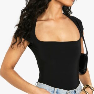 Double Layer Slinky Square Neck Cap Sleeve Bodysuit