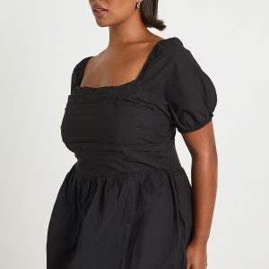 Plus Cotton Poplin Short Sleeve Puff Ball Dress