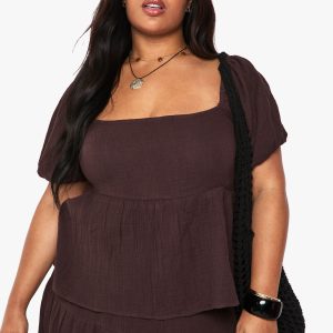 Plus Cheesecloth Puff Sleeve Shirred Crop Top