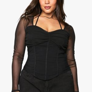 Plus Bengaline Mesh Sleeve Corset Top