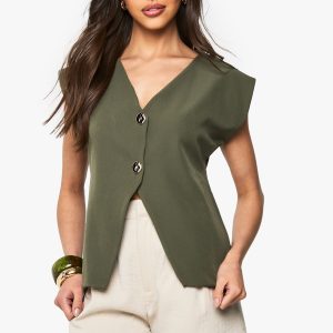 Crepe Gold Button Detail V Neck Waistcoat