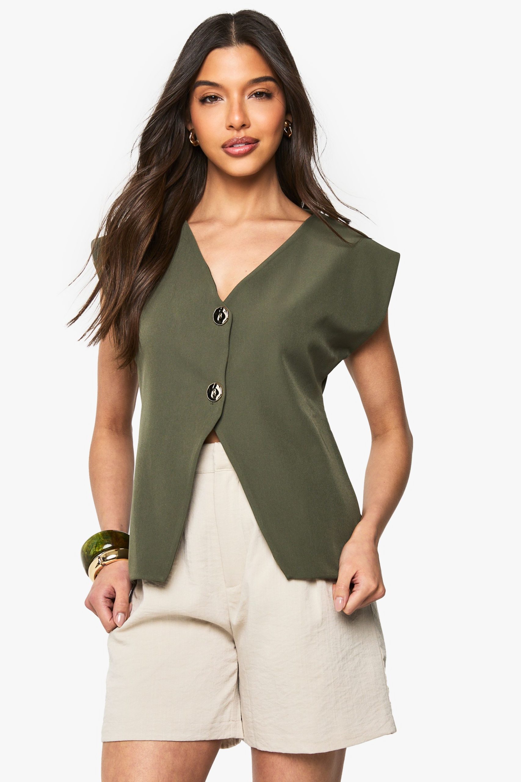 Crepe Gold Button Detail V Neck Waistcoat