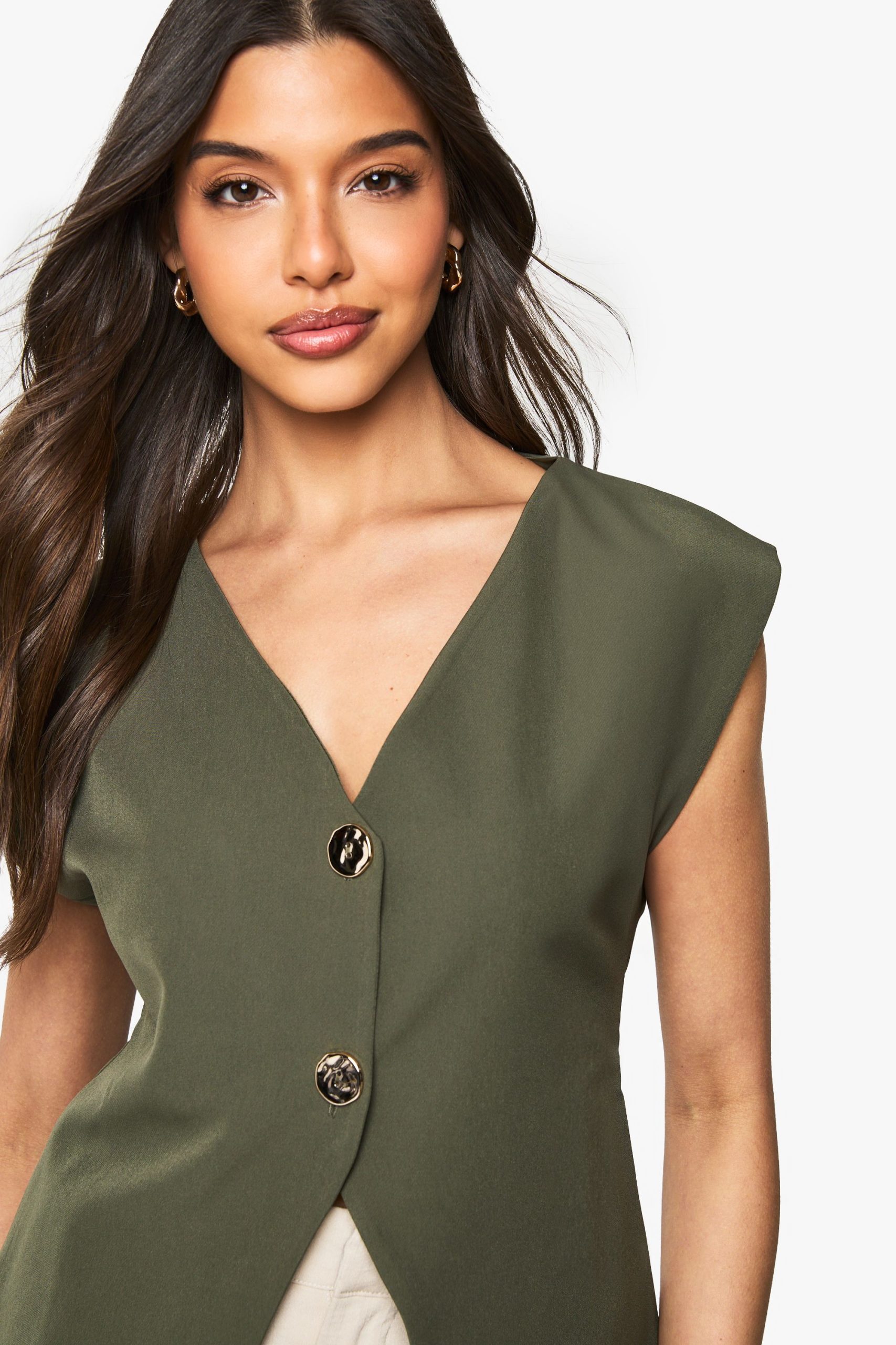 Crepe Gold Button Detail V Neck Waistcoat - Image 4