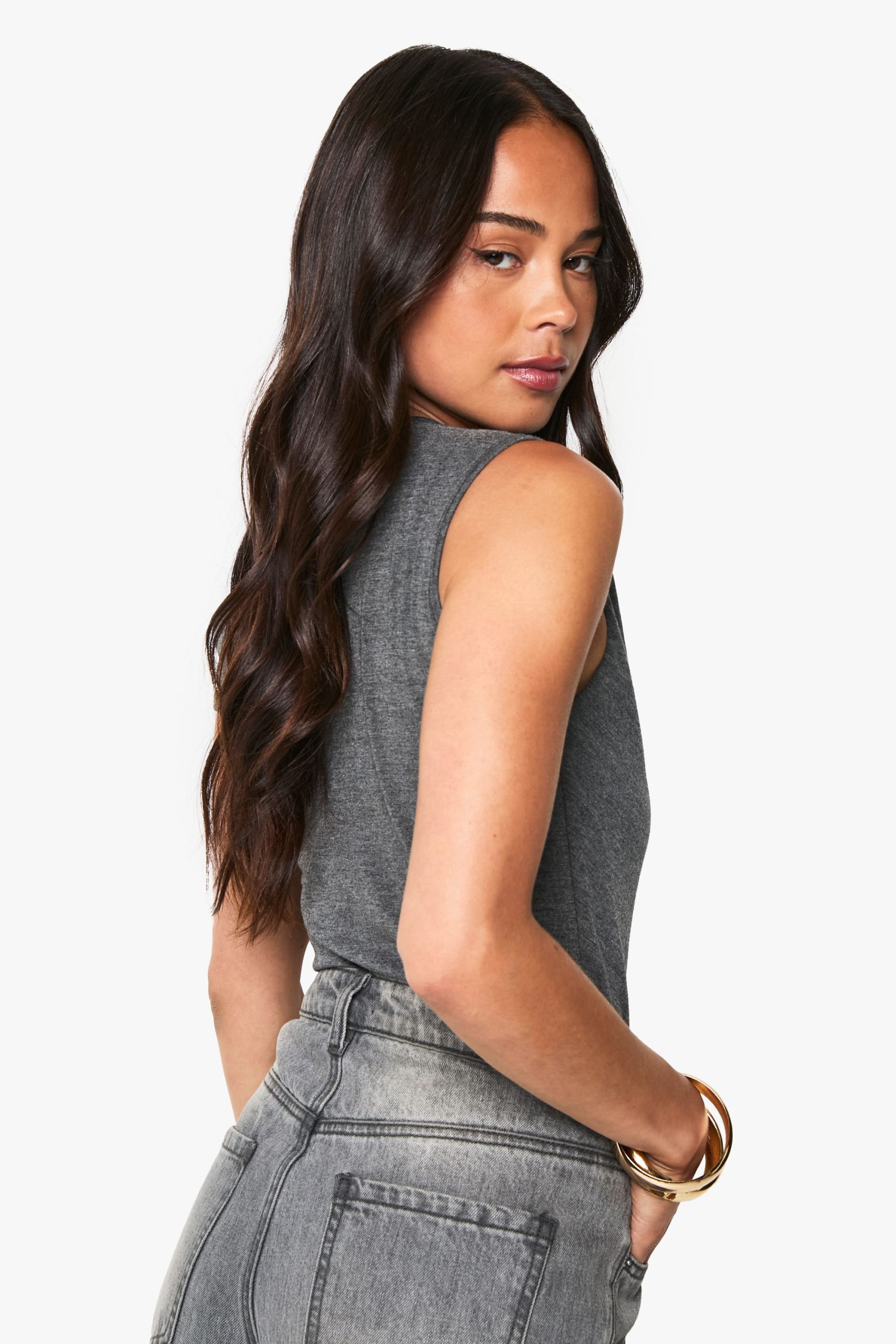 Marl Asym Neck Trim Detail Bodysuit - Image 2