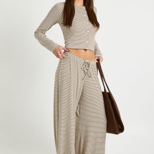 Striped Mid Rise Wide Leg Trouser