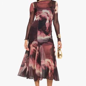Slash Neck Floral Mesh Print Godet Hem Midaxi Dress