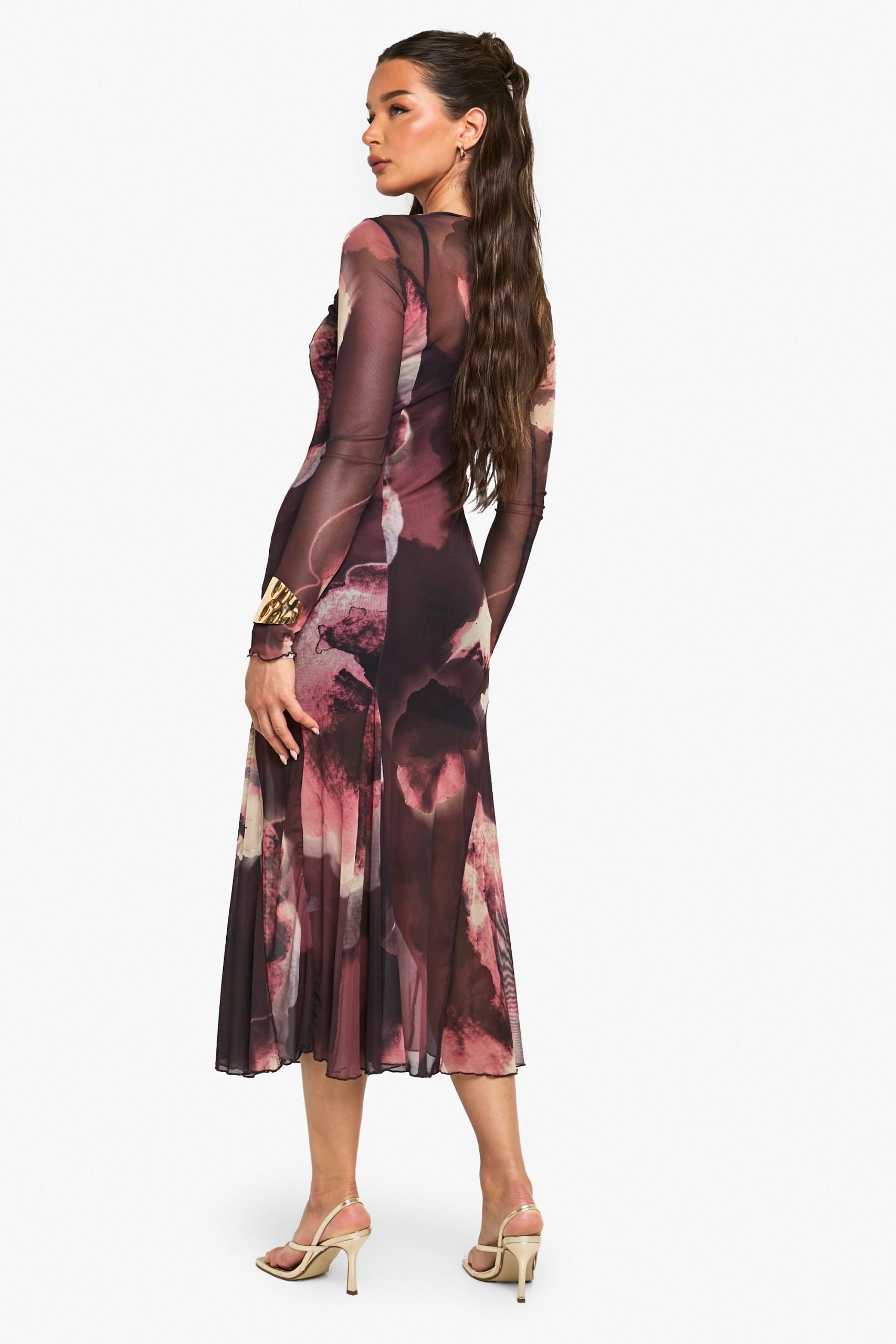 Slash Neck Floral Mesh Print Godet Hem Midaxi Dress - Image 2