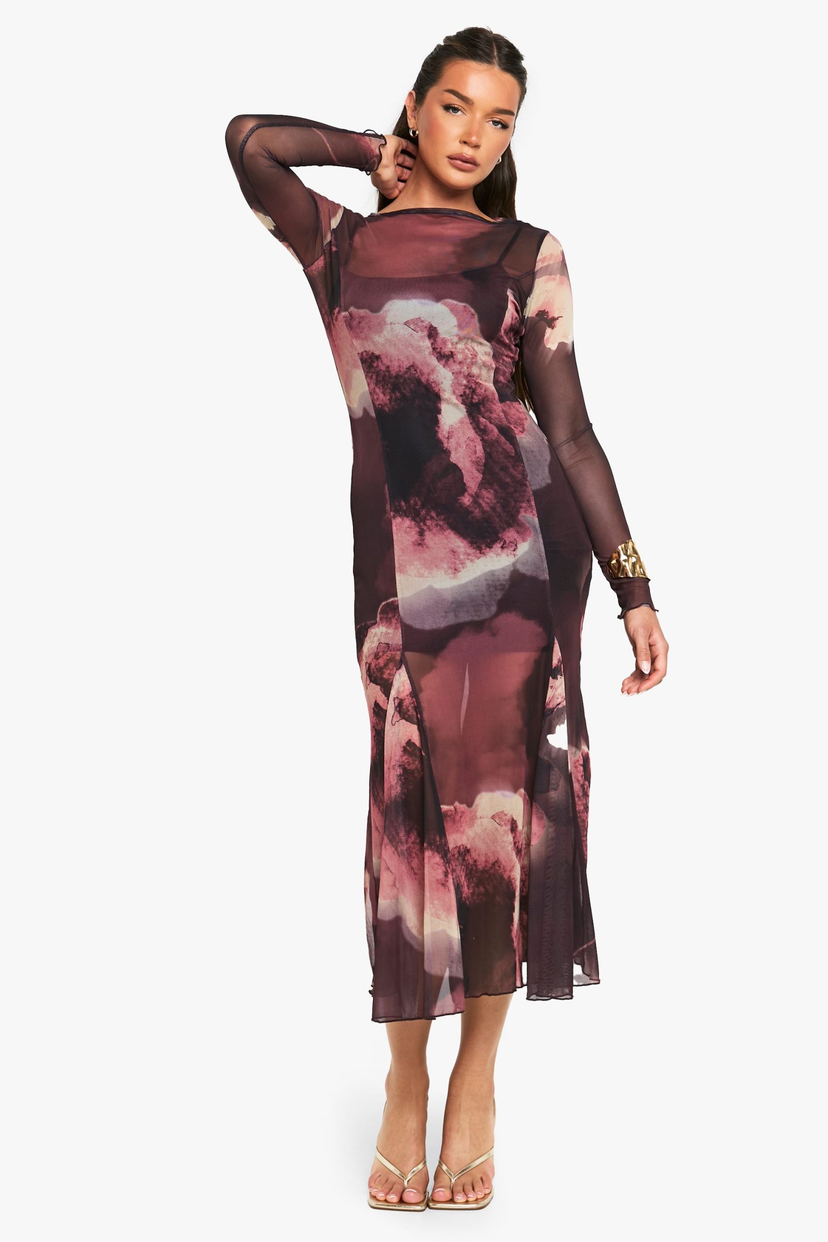 Slash Neck Floral Mesh Print Godet Hem Midaxi Dress - Image 3