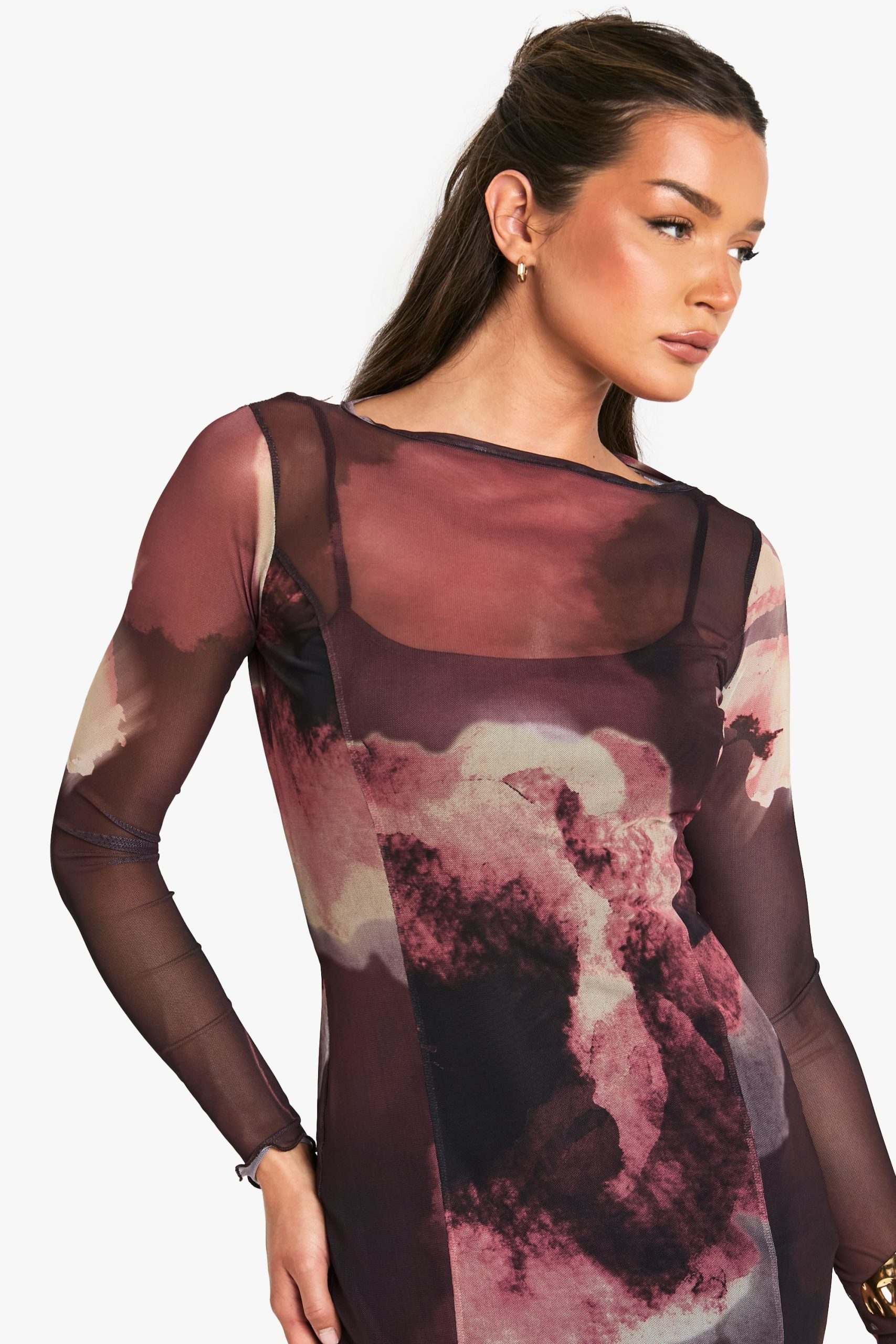 Slash Neck Floral Mesh Print Godet Hem Midaxi Dress - Image 4