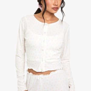 Mix & Match Floral Print Soft Rib Button Through Long Sleeved Pyjama Top
