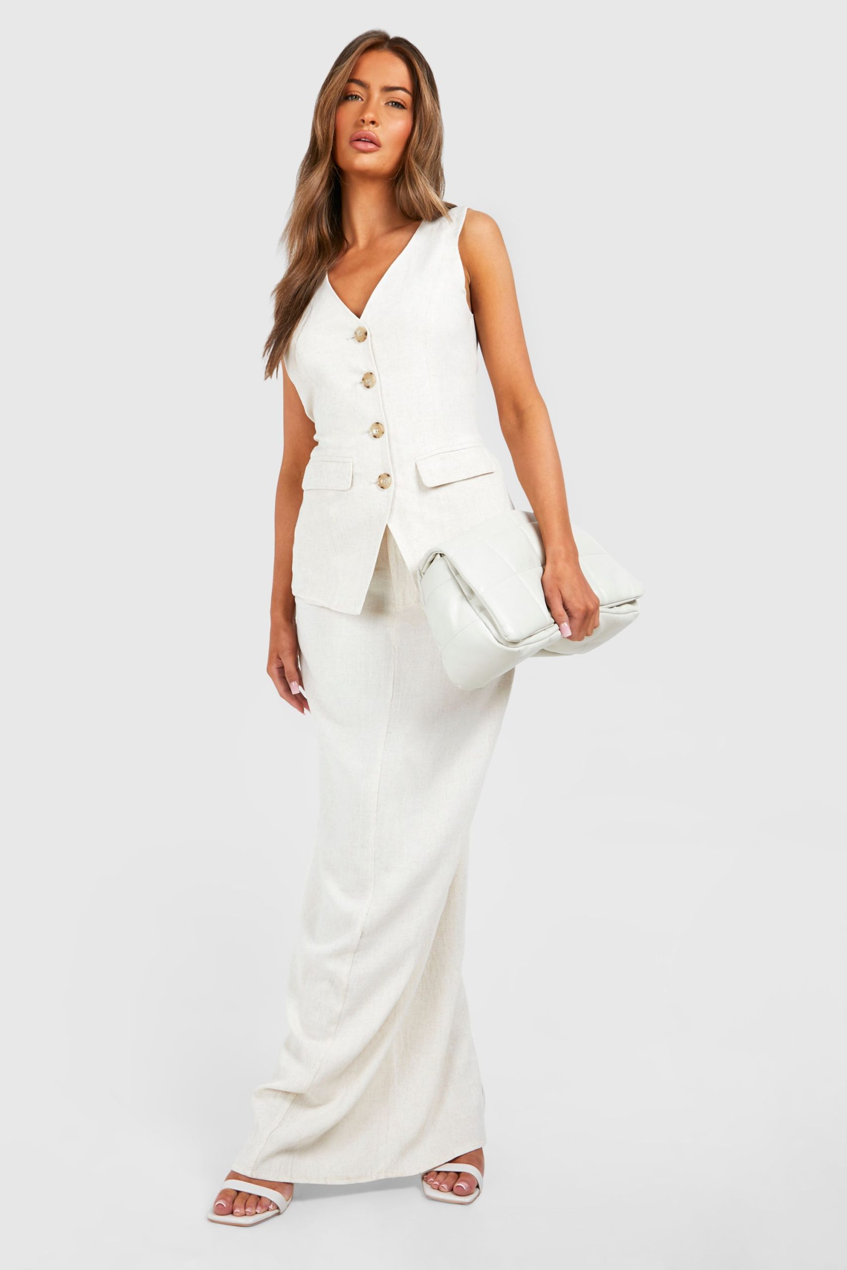 Linen Look Column Fitted Maxi Skirt