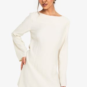 Linen Long Sleeve Slash Neck Tailored Mini Dress