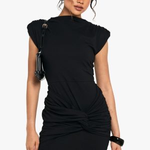 Cotton Shoulder Pad Ruched T-Shirt Mini Dress