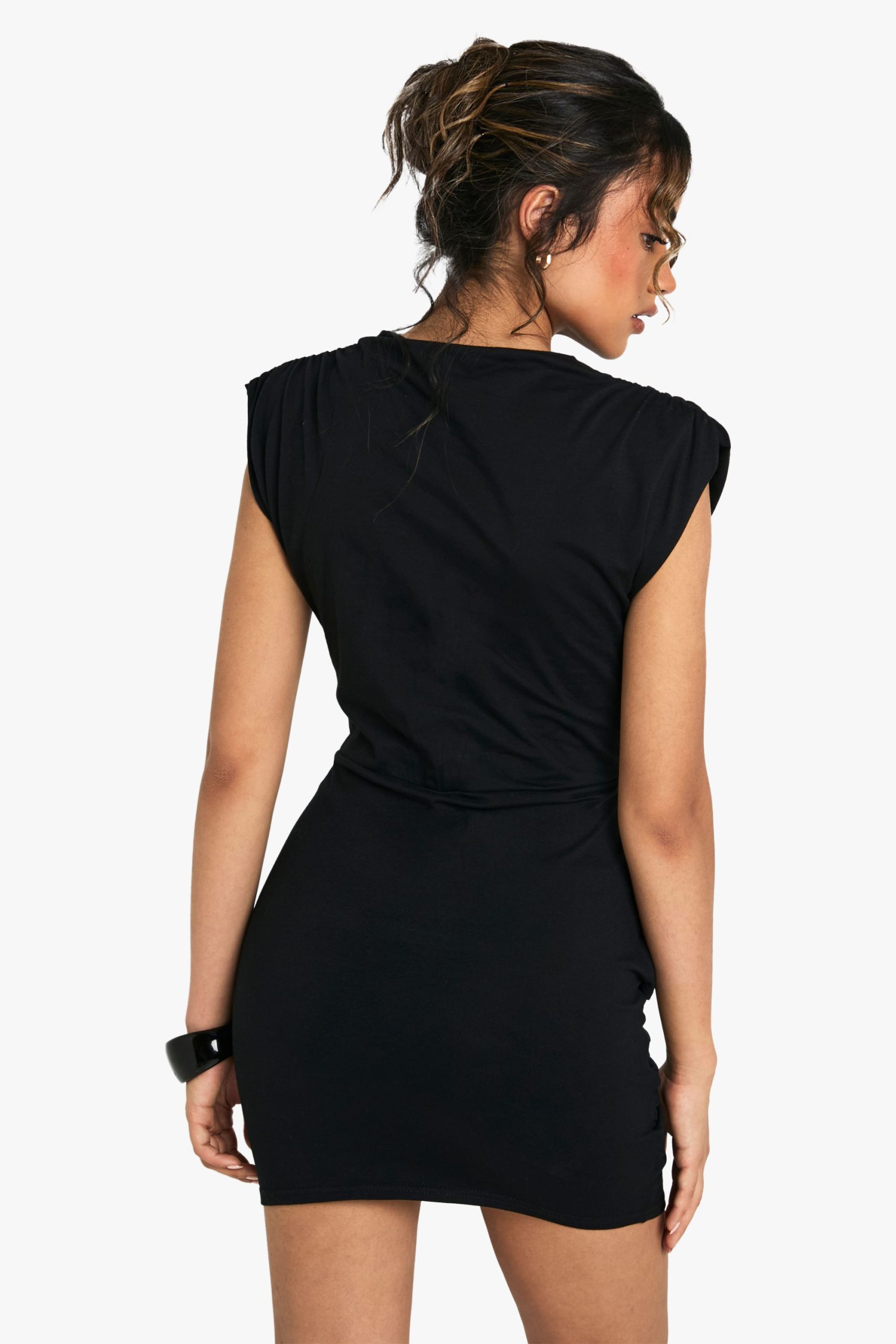 Cotton Shoulder Pad Ruched T-Shirt Mini Dress - Image 2