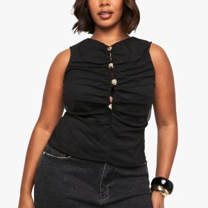 Plus V Neck Gold Button Top