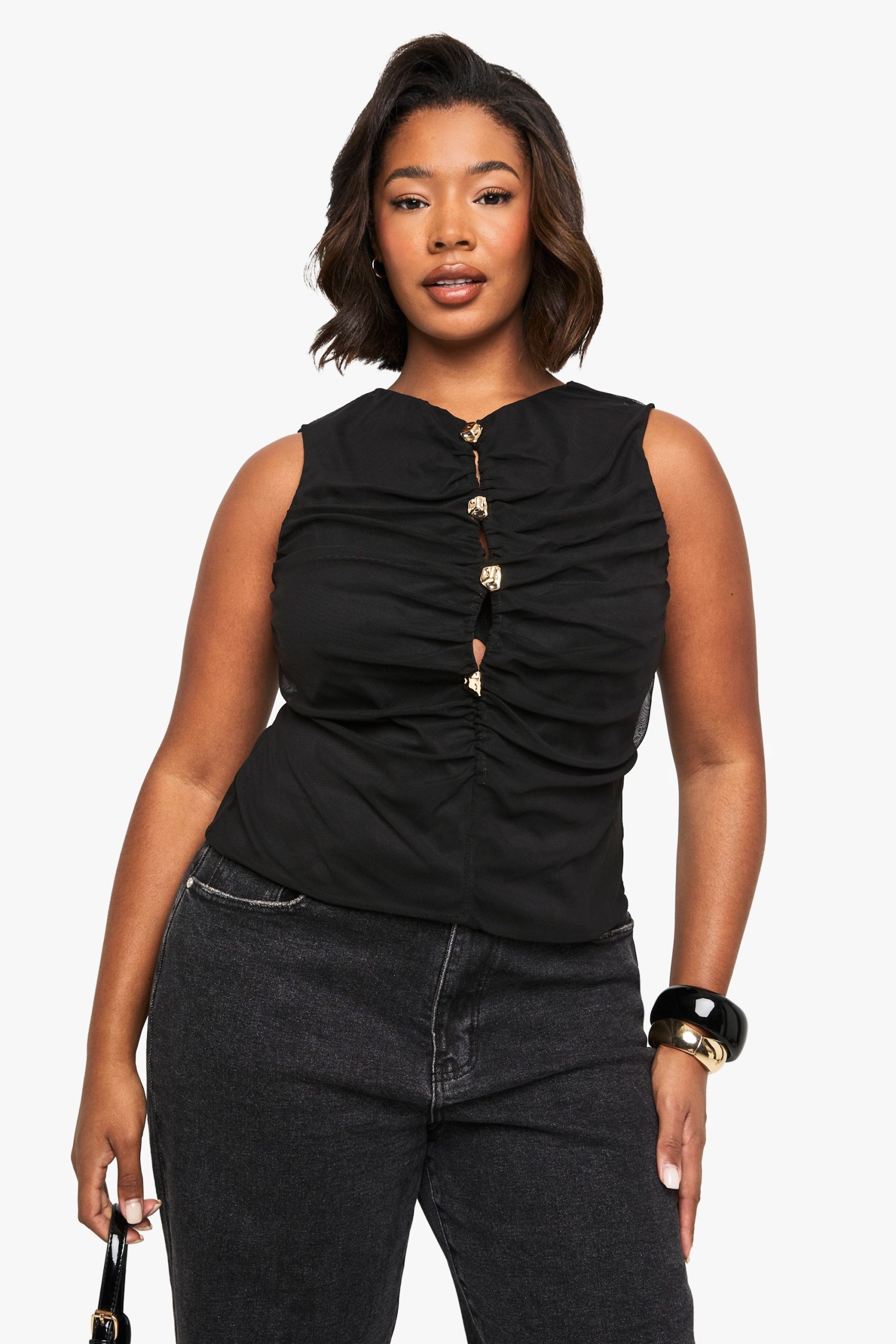 Plus V Neck Gold Button Top