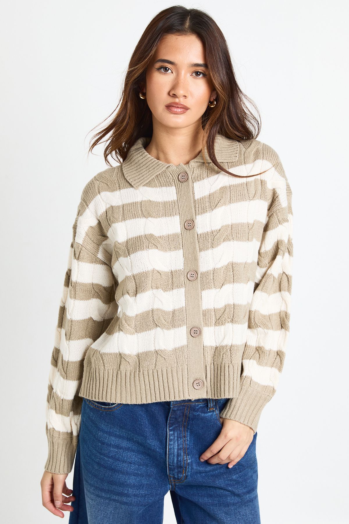 Stripe Collared Knit Cardigan