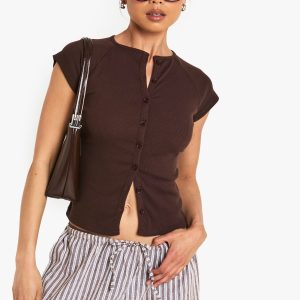 Rib Button Through Cap Sleeve Top