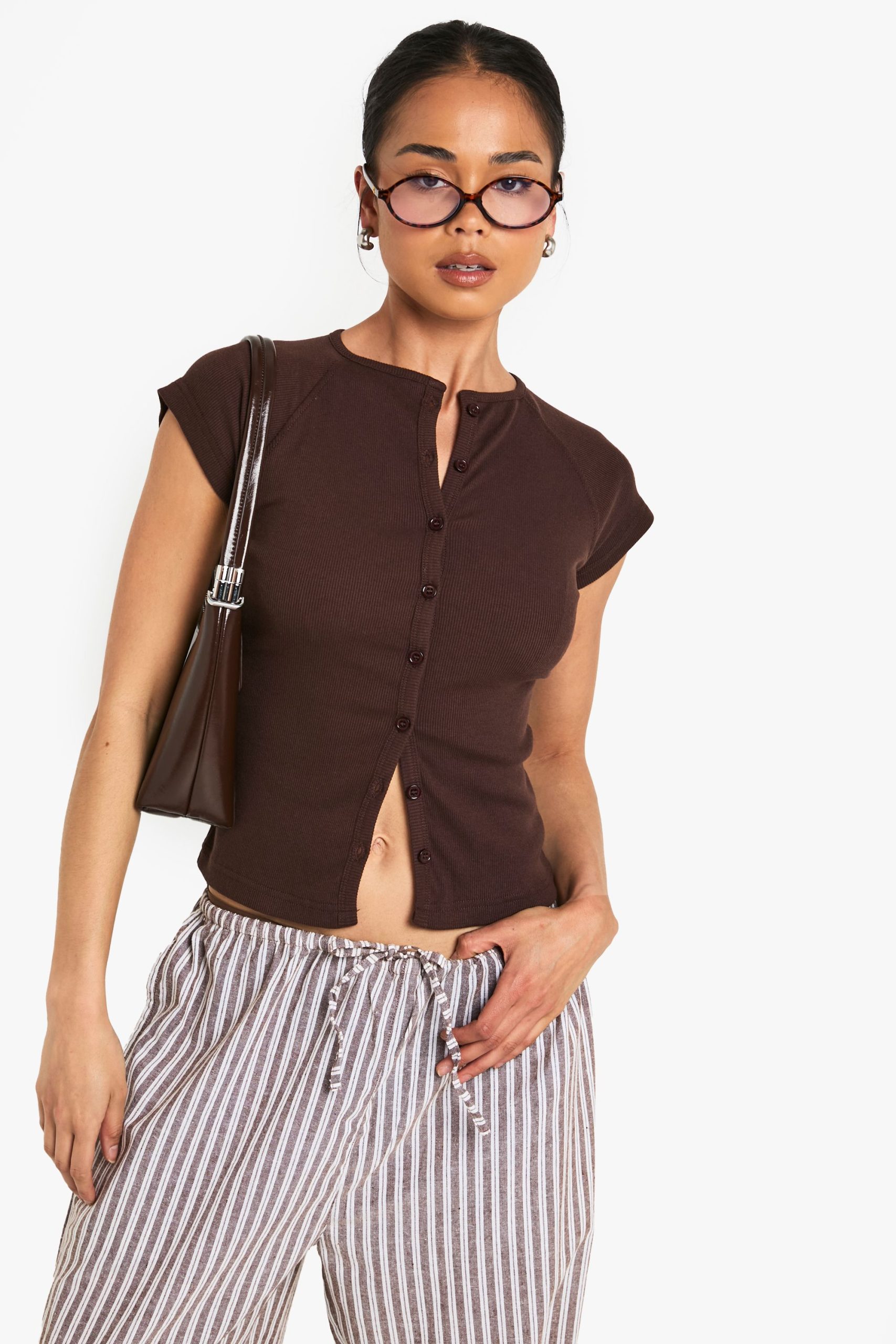 Rib Button Through Cap Sleeve Top