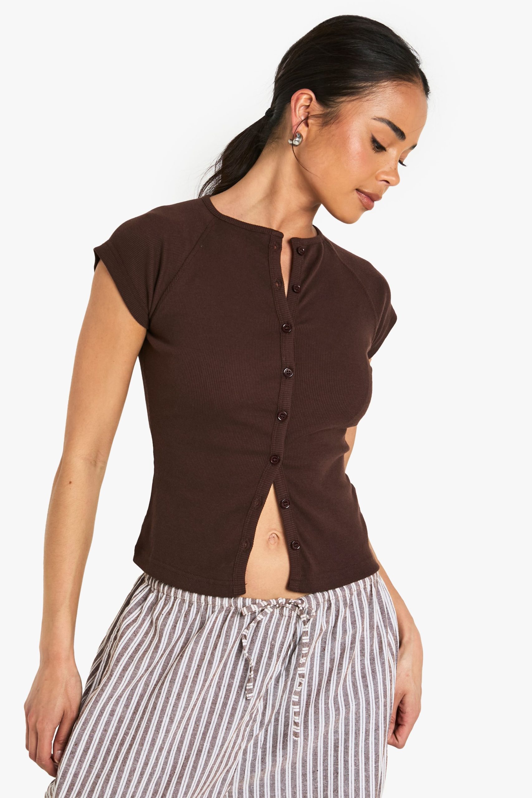 Rib Button Through Cap Sleeve Top - Image 3