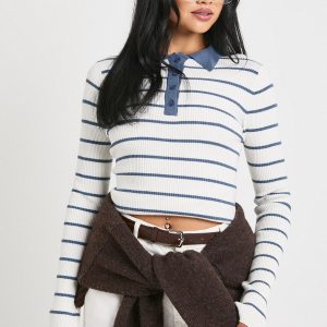Stripe Collar Fine Knit Top