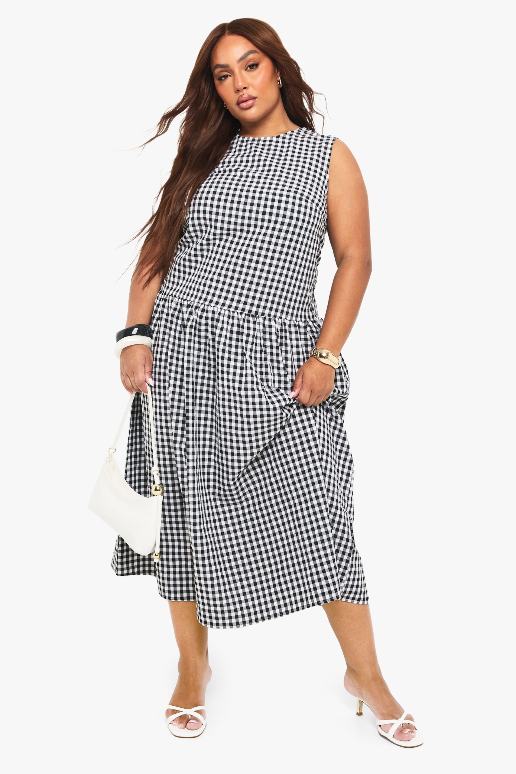 Plus gingham drop waist smock midaxi dress