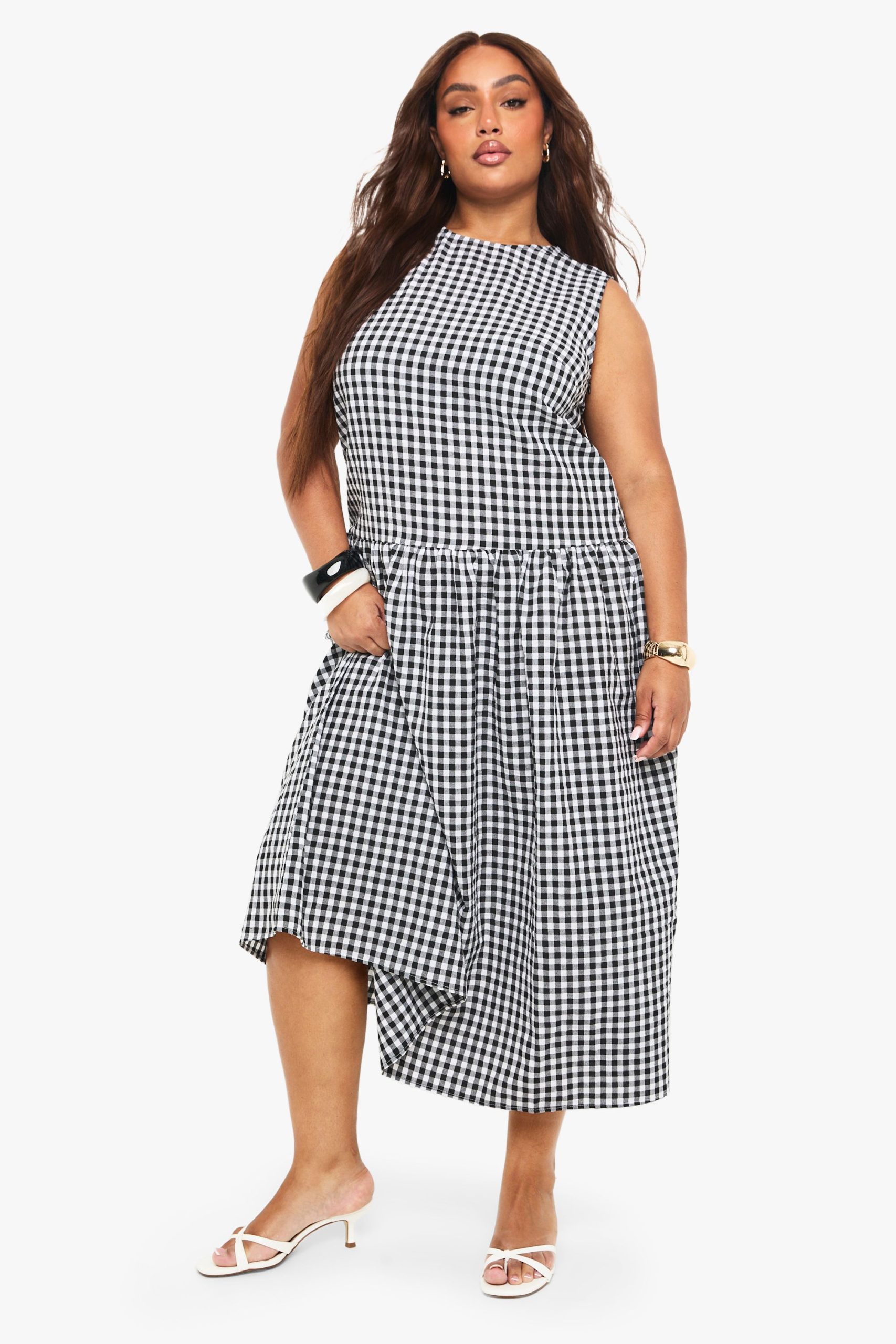 Plus gingham drop waist smock midaxi dress - Image 3