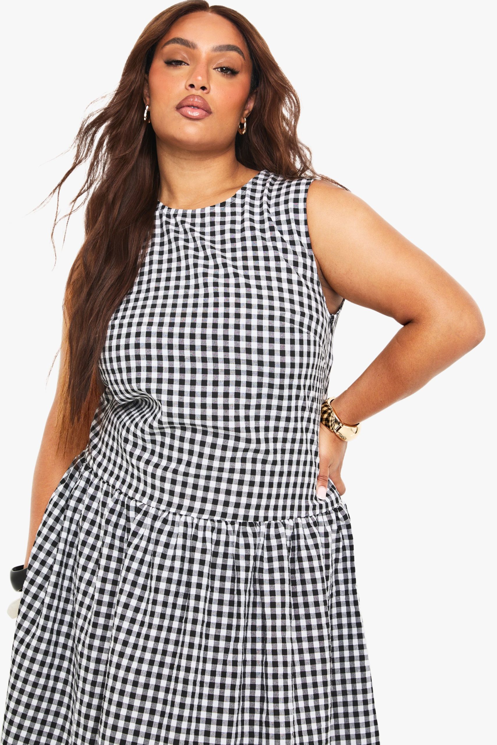 Plus gingham drop waist smock midaxi dress - Image 4