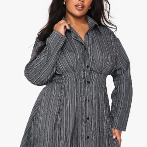 Plus Textured Stripe Cinched Shirt Dress