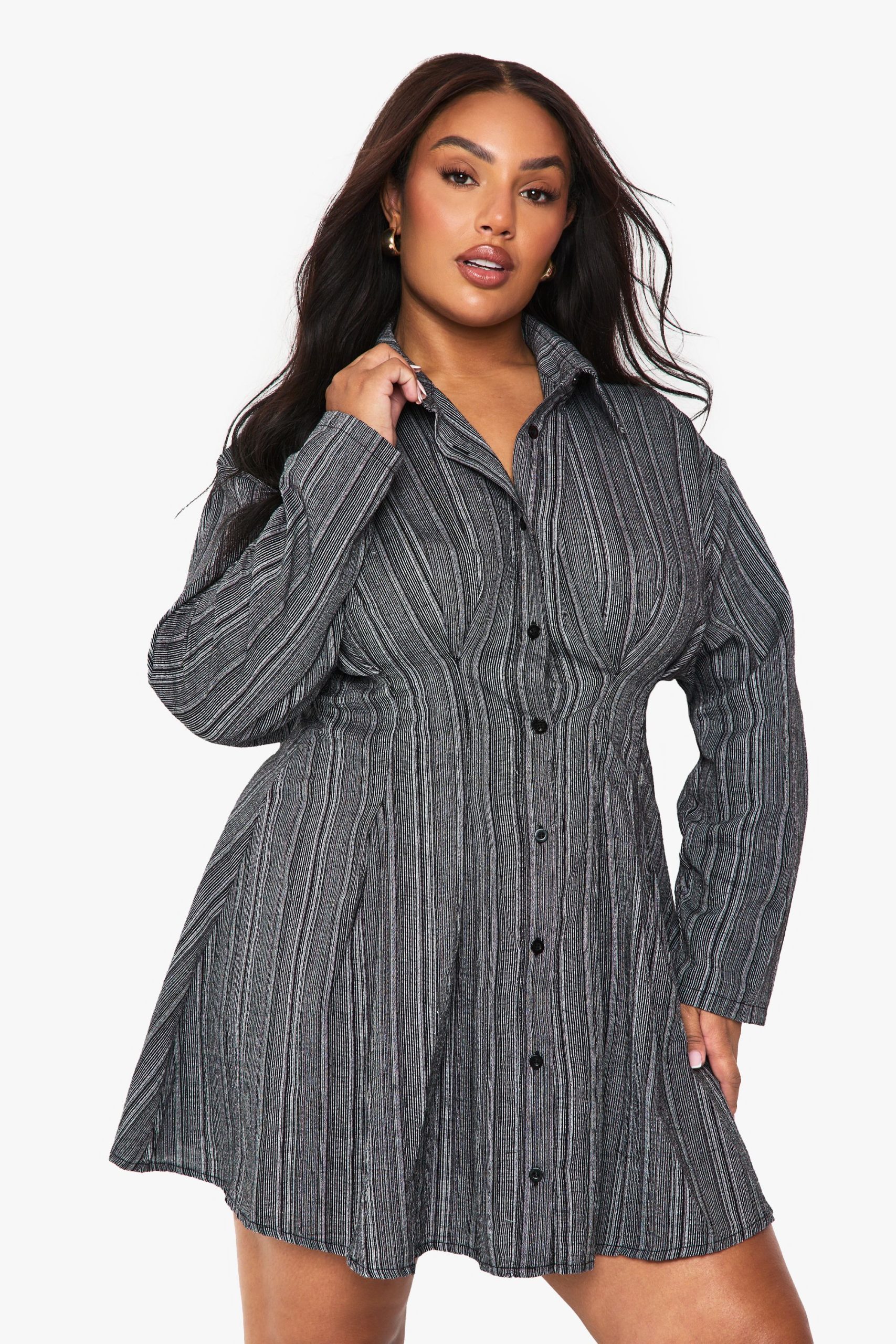 Plus Textured Stripe Cinched Shirt Dress