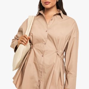 Plus Poplin Cinched Button Detail Shirt Dress