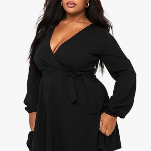 Plus Wrap Tie Belt Skater Dress