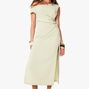 Linen Look Off The Shoulder Ruched Split Leg Midaxi Dress