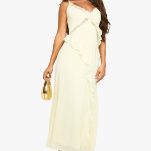 Chiffon Lace Detail Ruffled Midaxi Dress