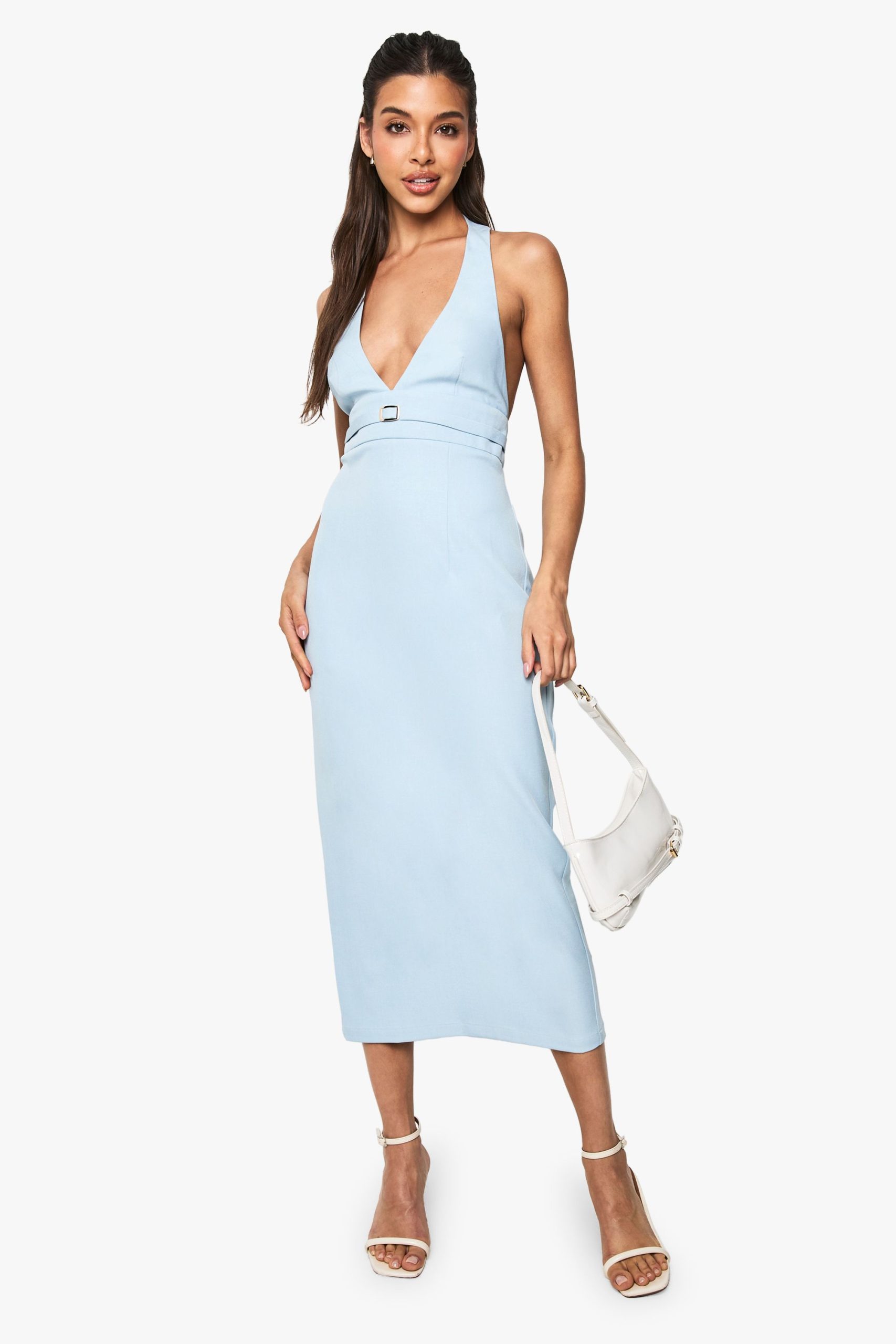 Tailored Buckle Detail Halter Neck Midi Dress - Image 3