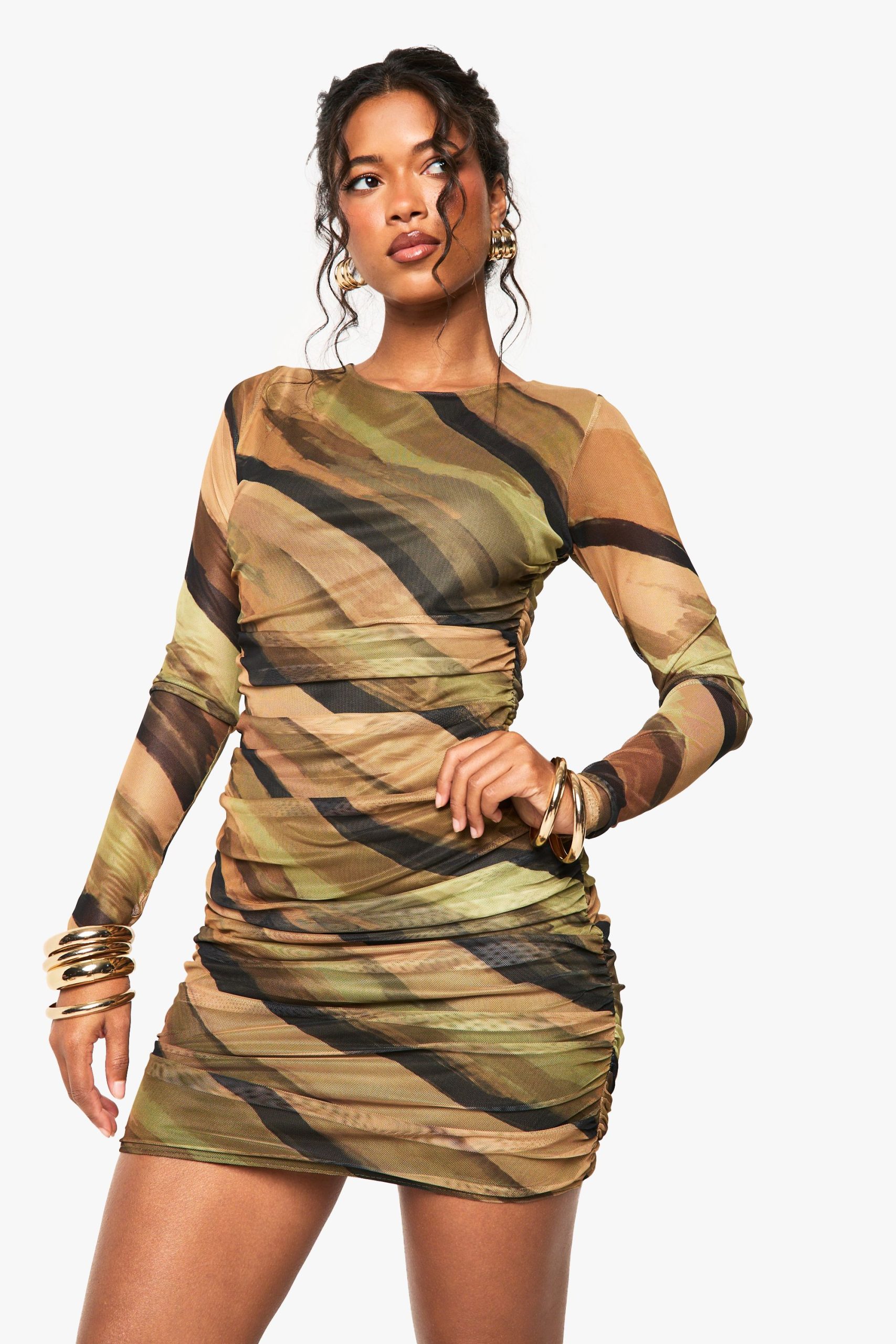 Abstract Mesh Ruched Mini Dress - Image 3