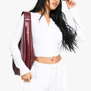 Double Zip Long Sleeve Rib Top And Short Tracksuit